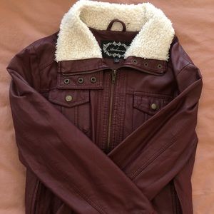 Maroon leather jacket with faux fur collar